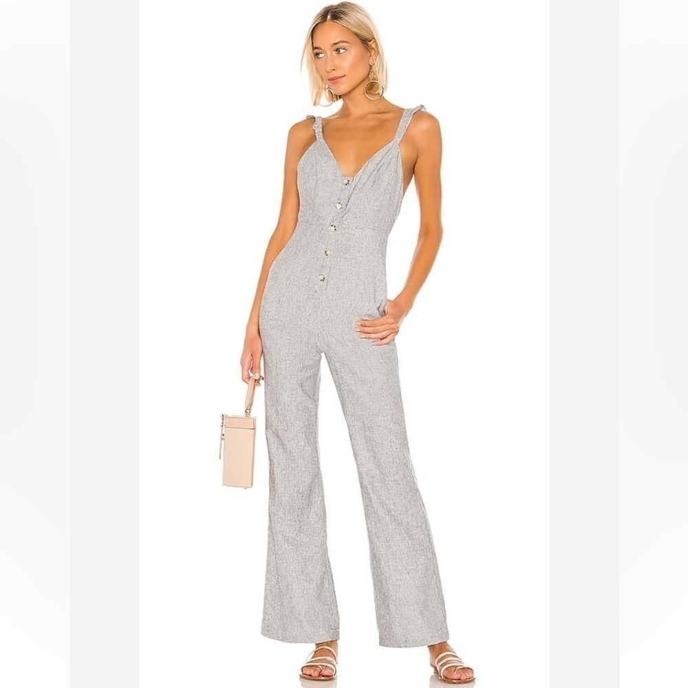 Lovers and Friends Linen Blend Kat Open Back Jumpsuit in Chambray Size Medium
